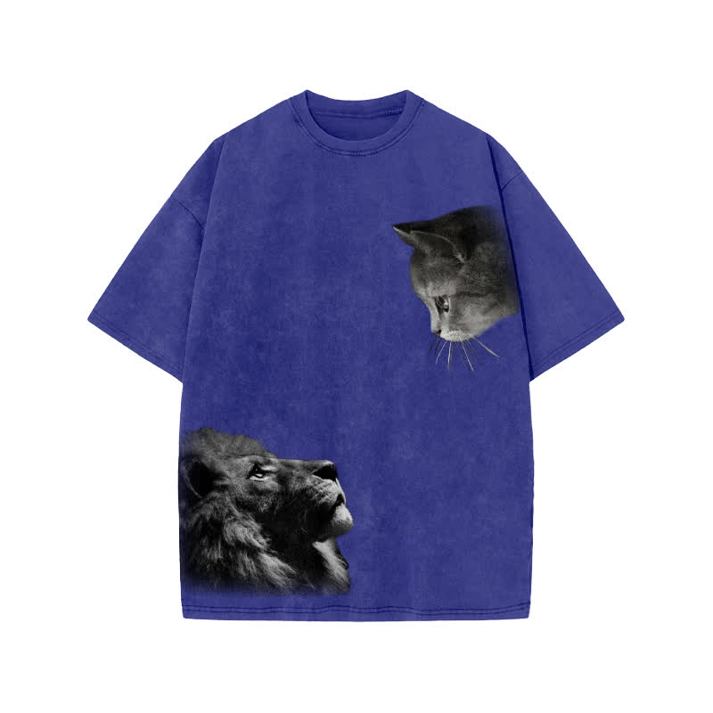 Unisex 100% Cotton Lion And Cat Print Acid Washed T-shirt