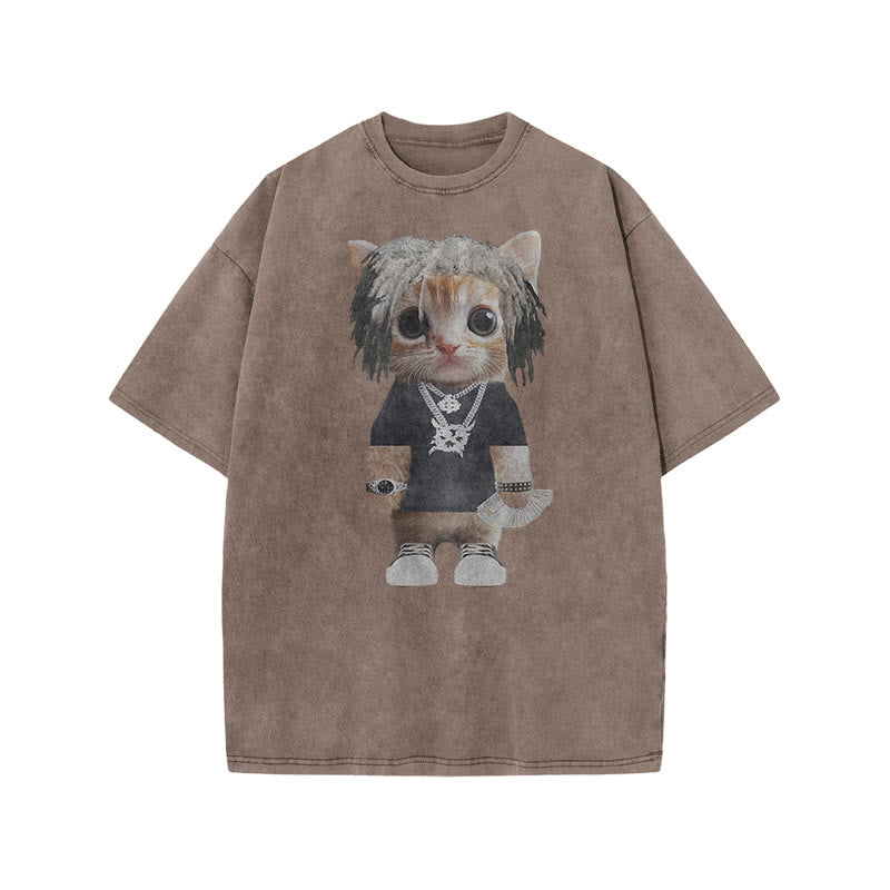 Unisex Street Style Cat Print Acid Washed T-shirt