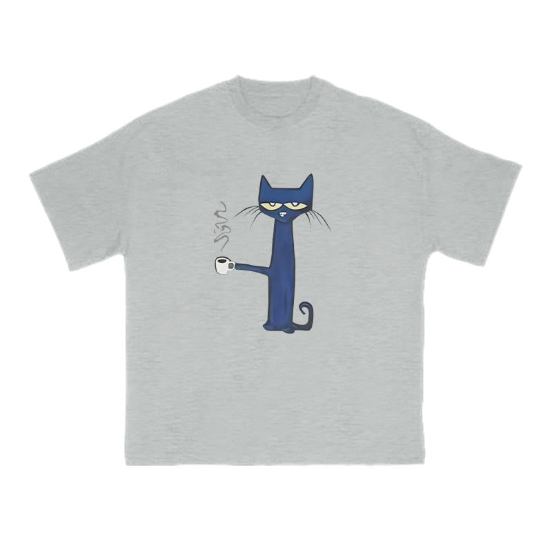 Unisex Cat Drinking Coffee Print T-shirt