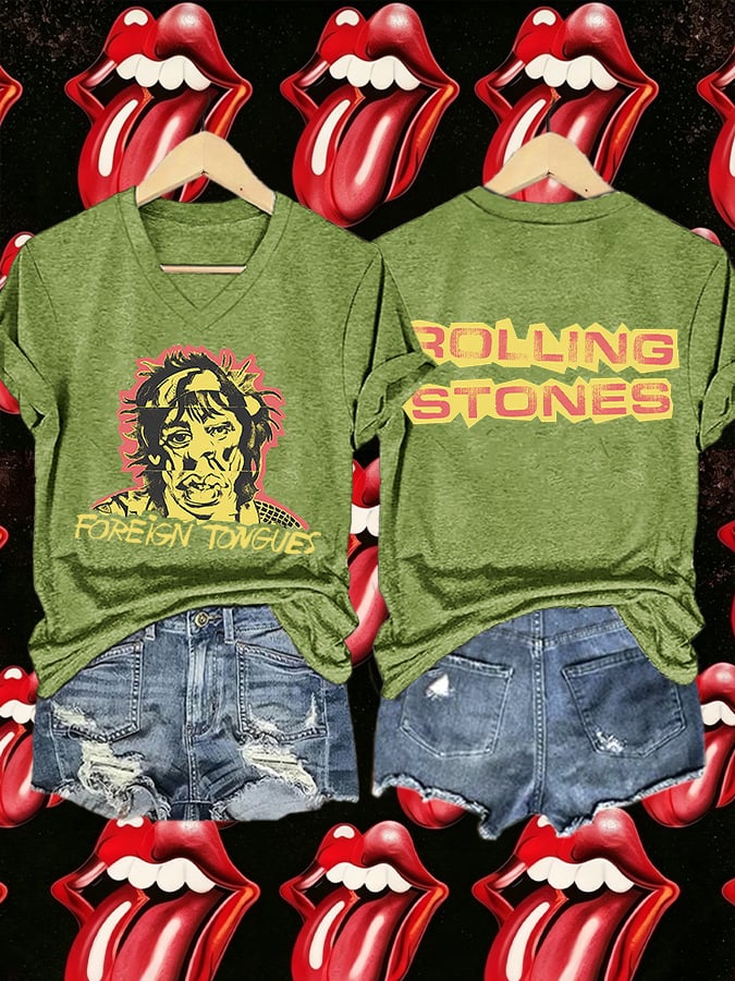 Women's V-Neck Retro Foreign Tongues Print T-shirt