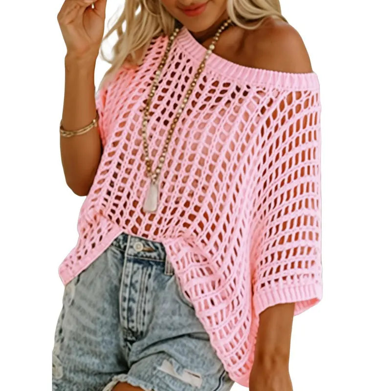 Womens Summer Scoop Neck Short Sleeve Sweater Casual Crochet Hollow Out Knit Tops