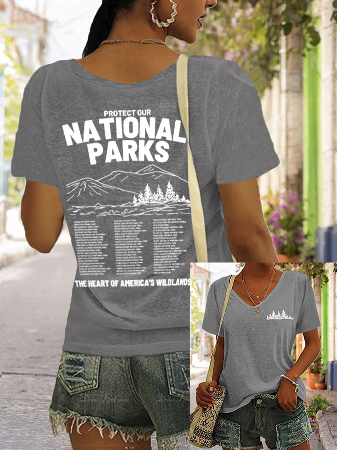 Women's Protect Our National Parks Print V Neck Casual T-Shirt