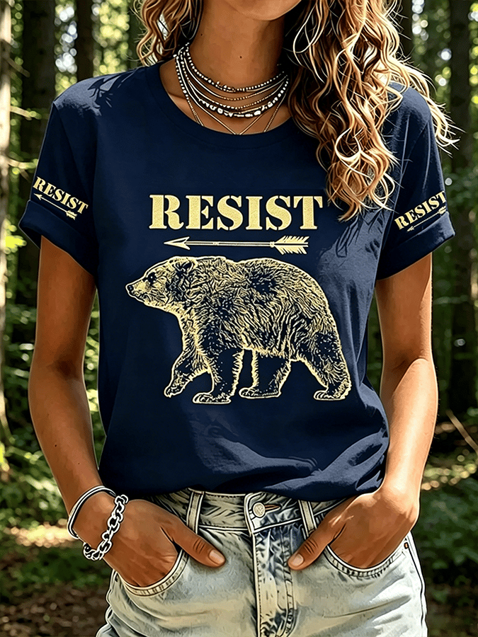 Women's Resist Bear Print Retro Short-Sleeve T-Shirt