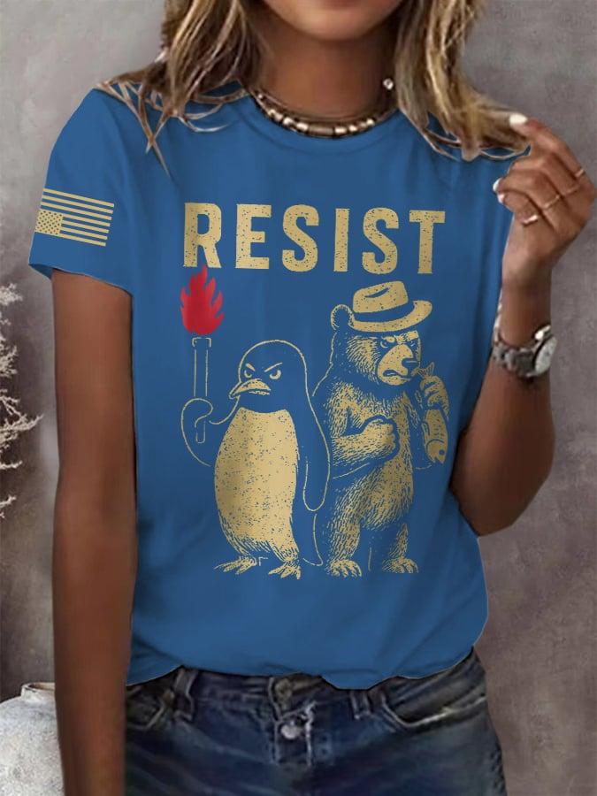 Retro Bear And Penguin Resist Print T-Shirt