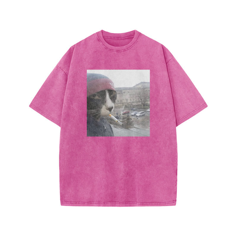 Unisex Smoking Street Style Cat Print Acid Washed T-shirt
