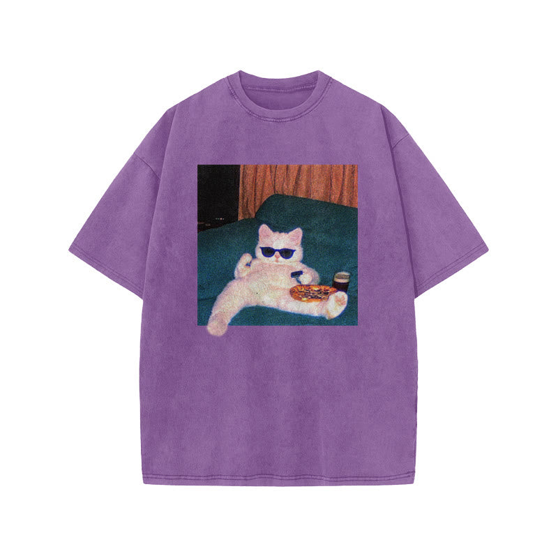 Unisex Cool Cat Print Acid Washed T-shirt