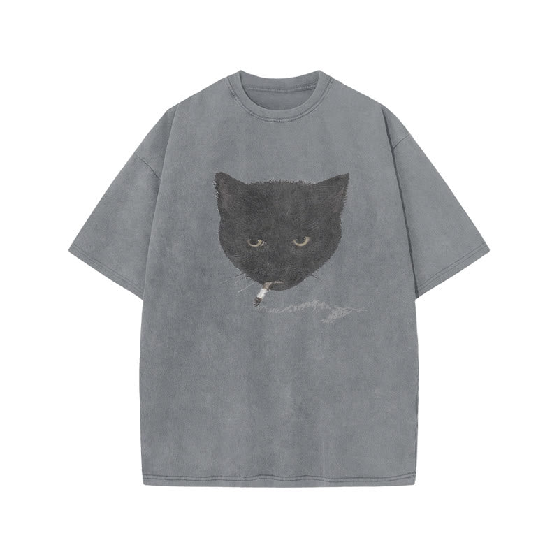 Unisex Smocking Cat Print Acid Washed T-shirt