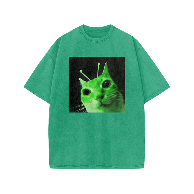 Unisex Alien Cat Halloween Print Acid Washed T-shirt