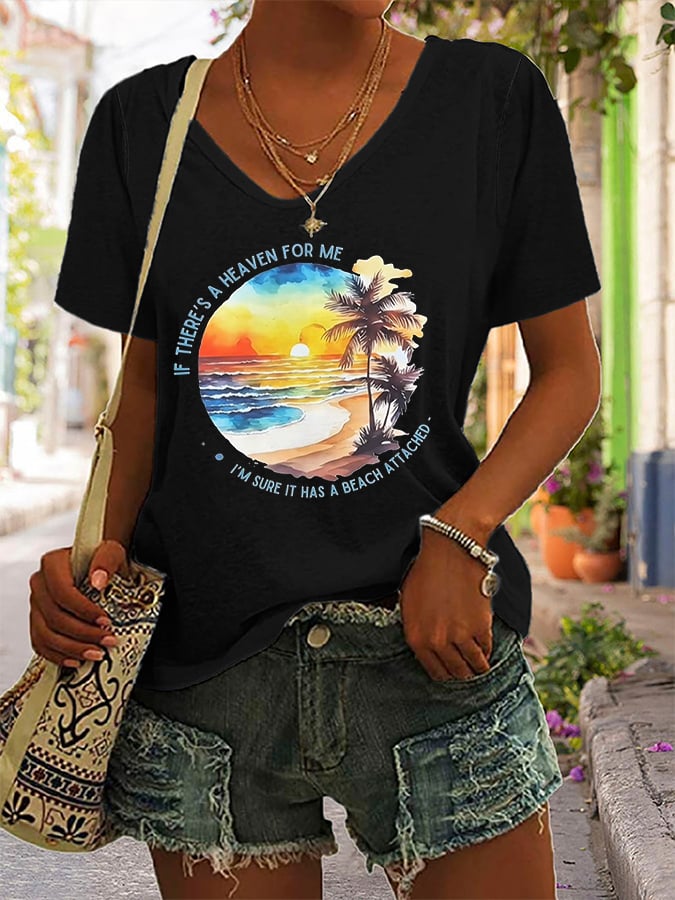 Women's If There's A Heaven For Me, I'm Sure It Has A Beach Attached Printed Short-Sleeved T-Shirt