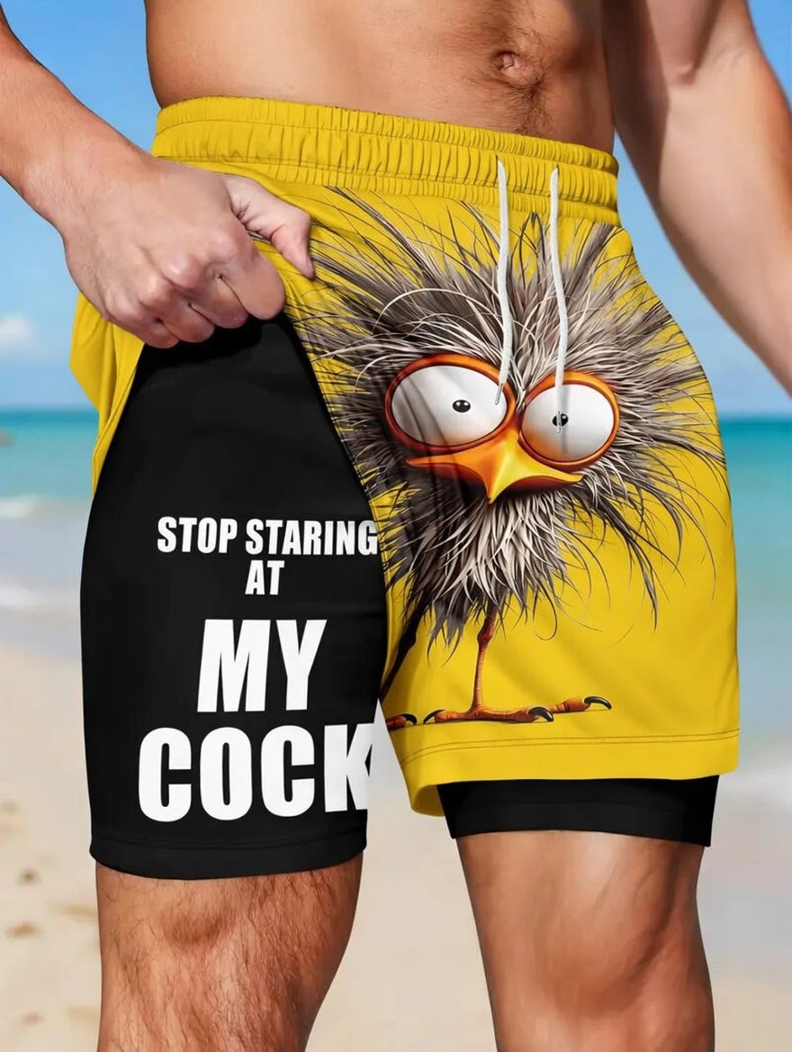Unisex Funny Quirky Bird Print Anti-Chafe Liner 2-in-1 Straight Shorts