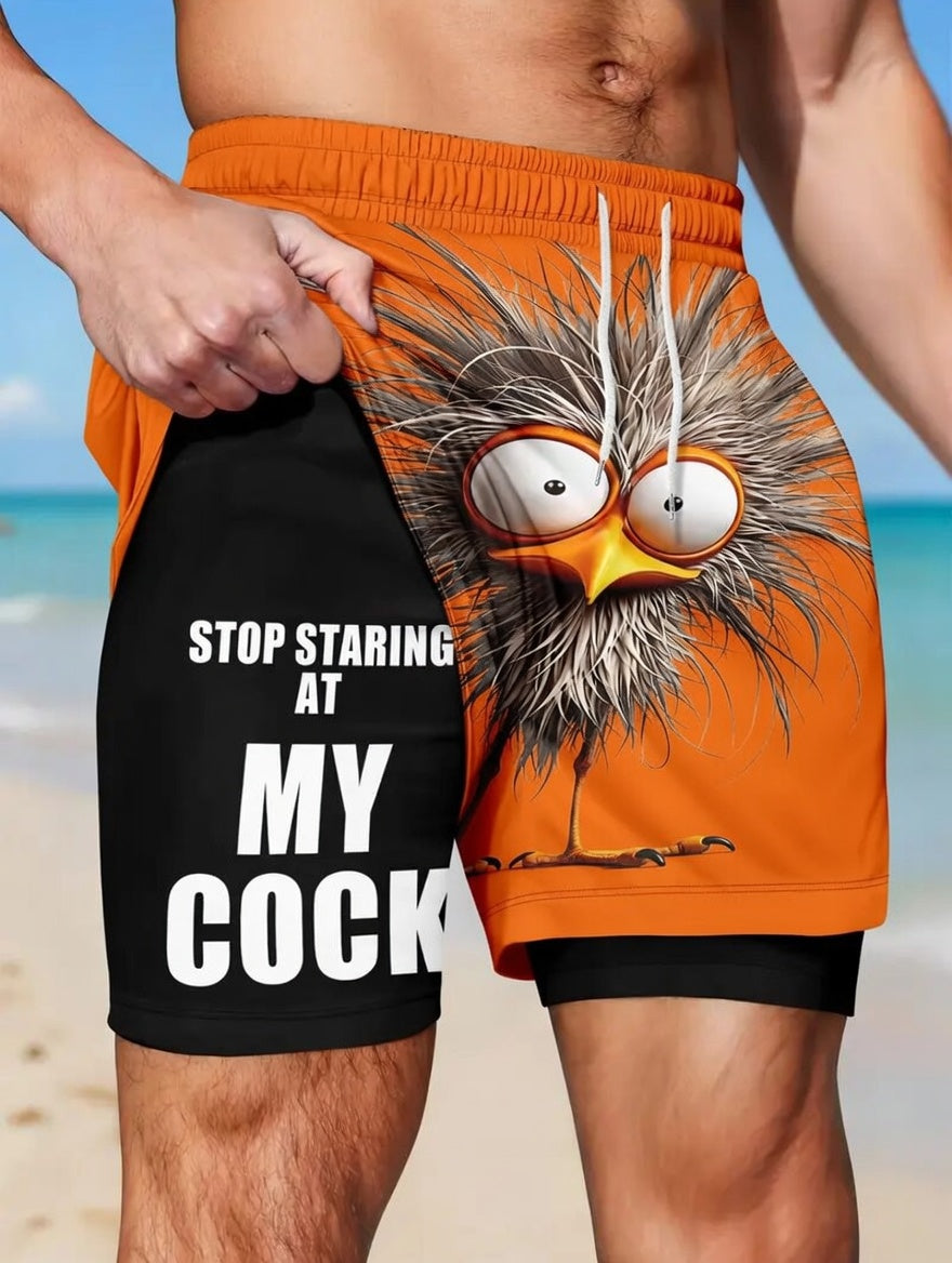 Unisex Funny Quirky Bird Print Anti-Chafe Liner 2-in-1 Straight Shorts