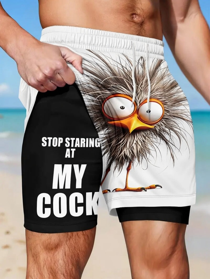 Unisex Funny Quirky Bird Print Anti-Chafe Liner 2-in-1 Straight Shorts