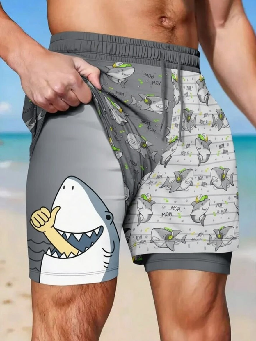 Unisex Funny Cartoon Shark Music Note Print Quick Dry Stretch Short Pants