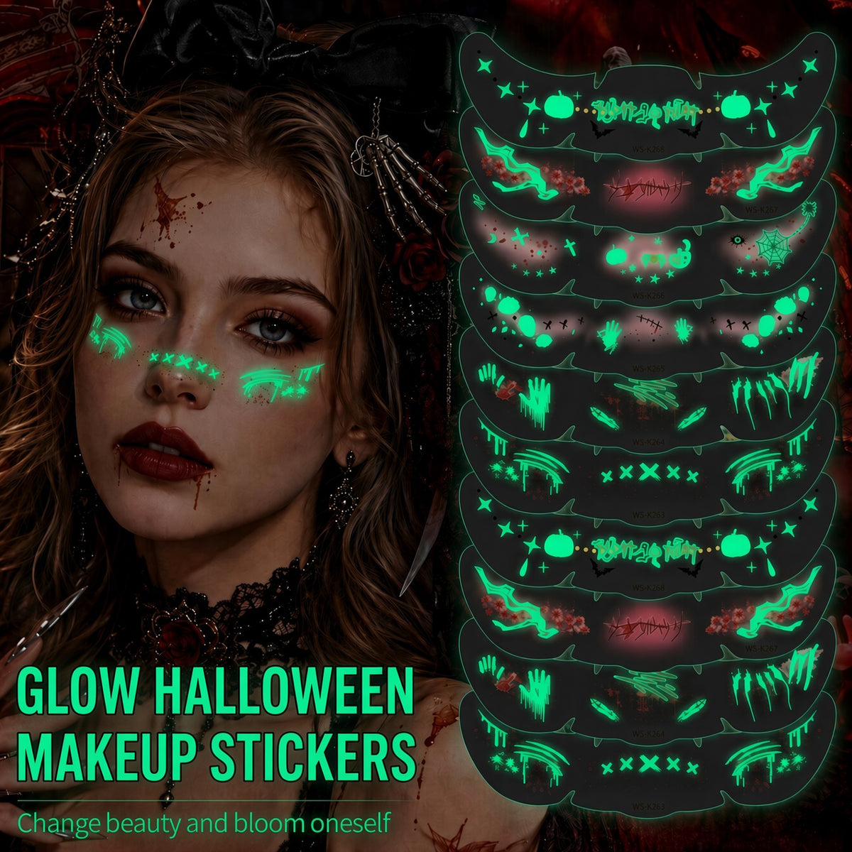 Halloween Glow-in-the-Dark Face Tattoos – Cosplay Makeup Stickers (Wounds, Scratches, and Scars)