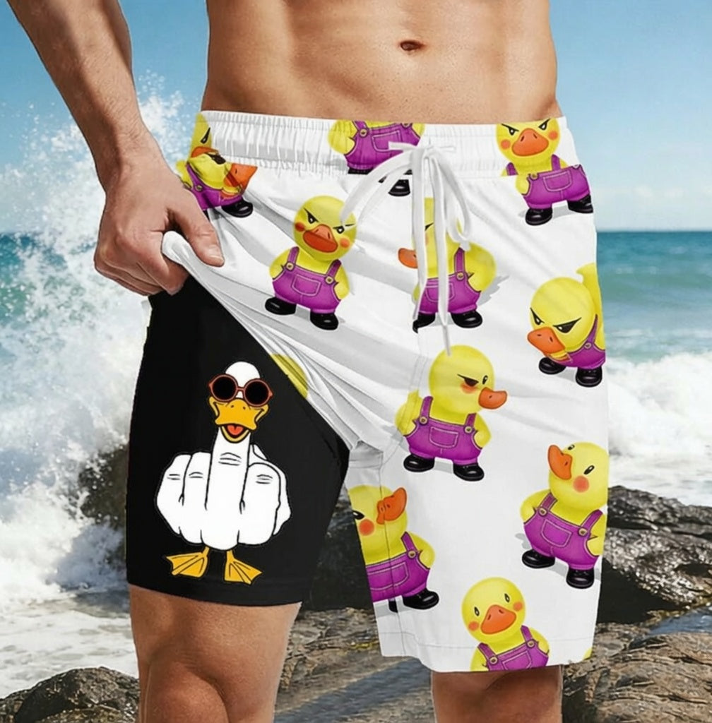 Funny Duck Middle Finger Lined Shorts 2 in 1 Board Shorts Swim Shorts