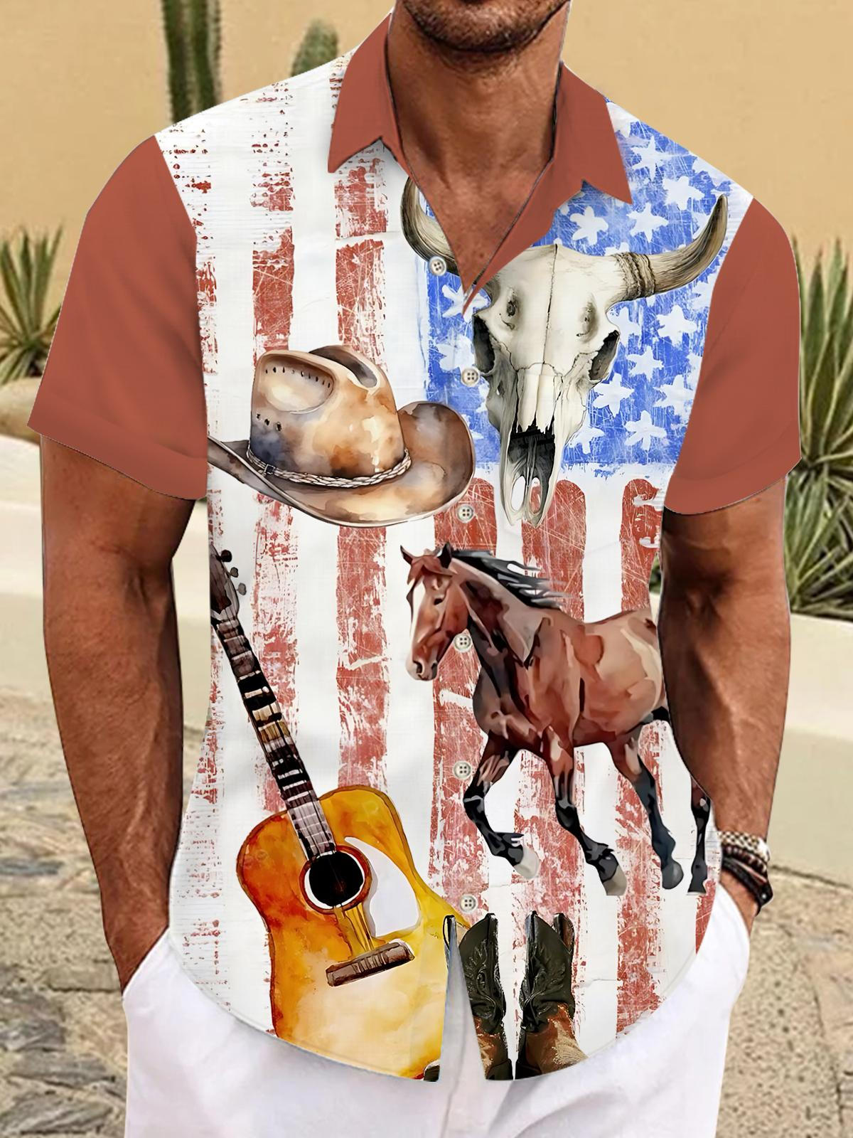 American Flag Western Art Print Men's Pocket Short Sleeve Shirts