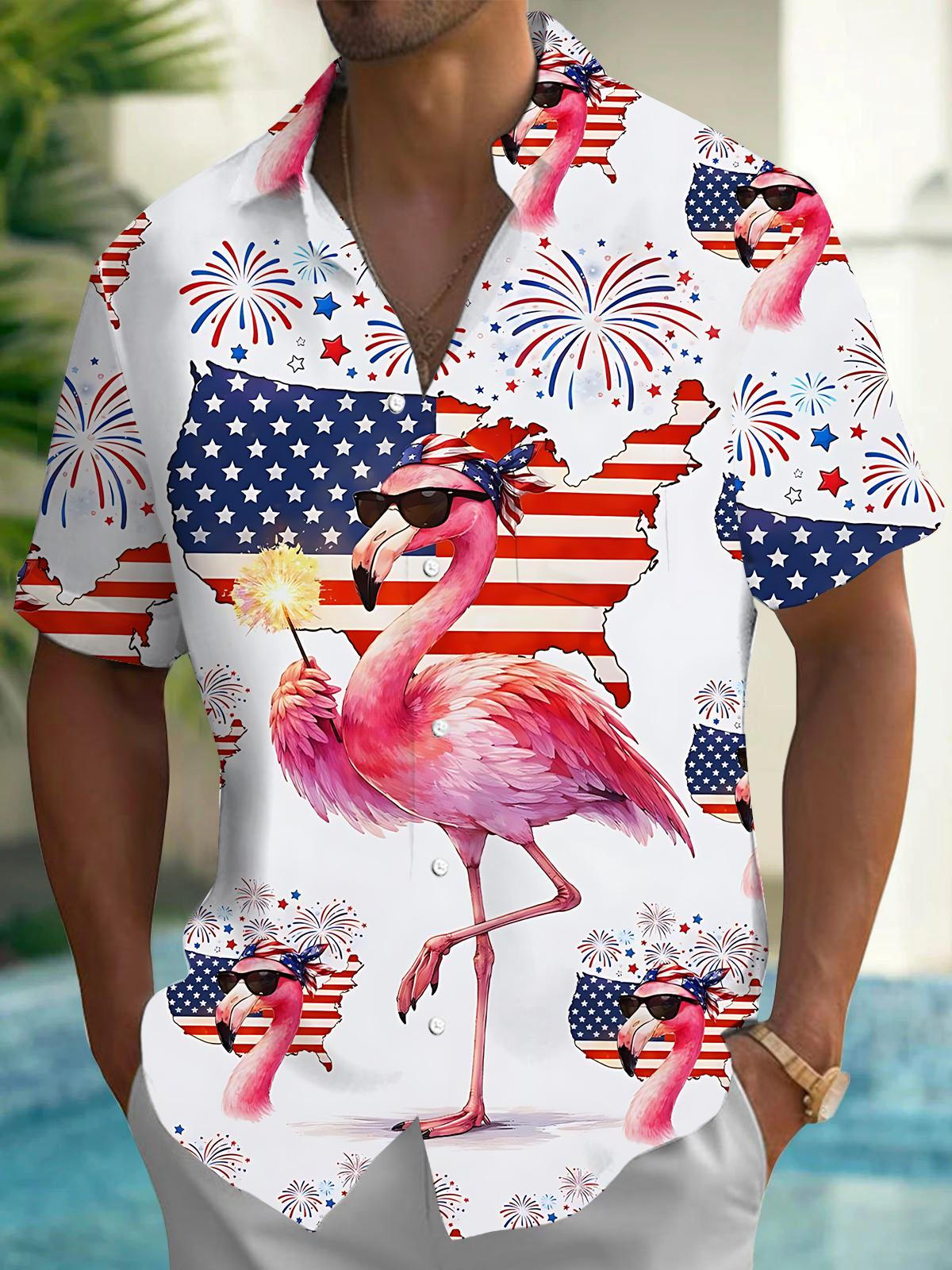 Flamingo American Flag Fireworks Print Men's Pocket Short Sleeve Shirts