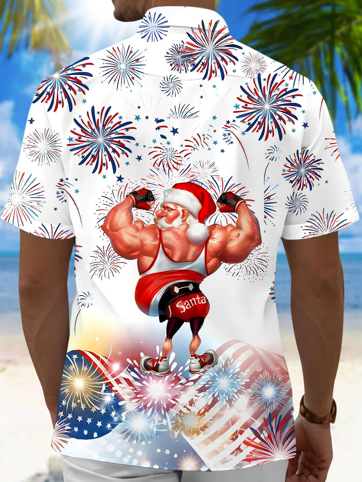 Independence Day Fireworks Muscle Santa Claus Men's Pocket Short Sleeve Shirts