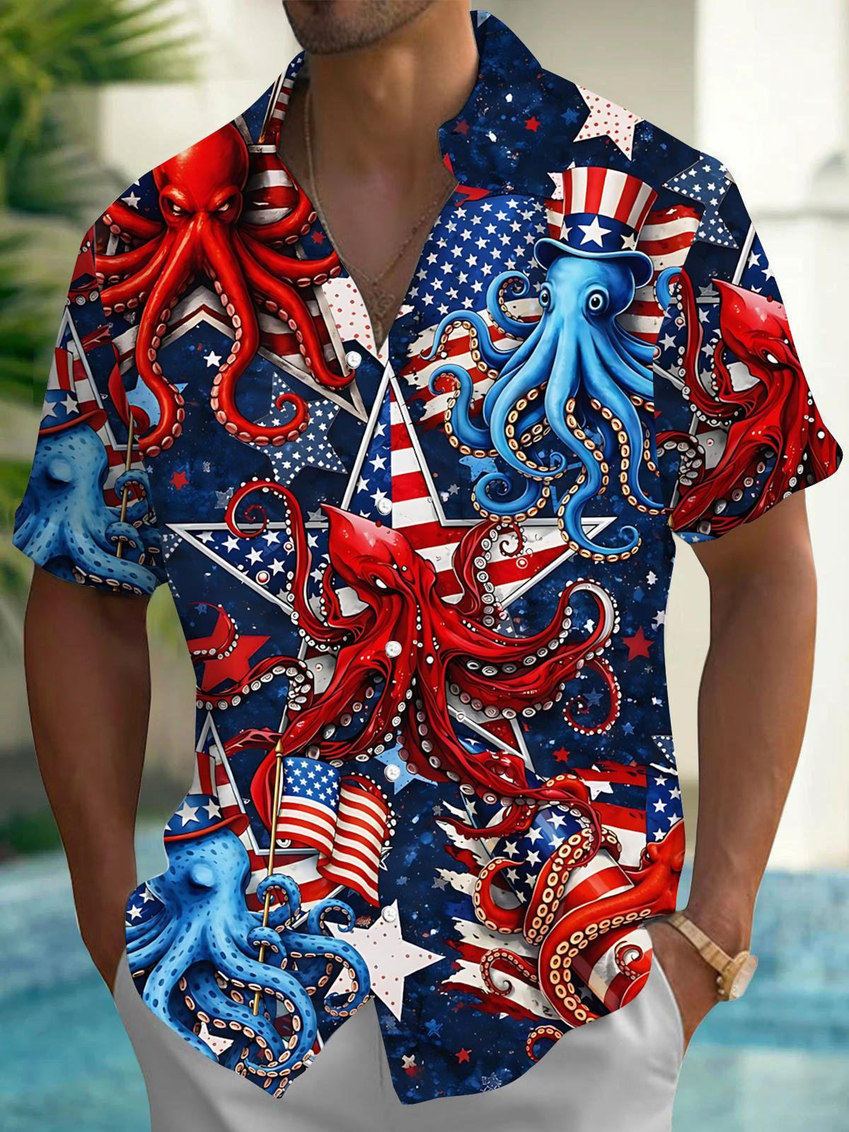 American Flag Octopus Hawaiian Print Men's Pocket Short Sleeve Shirts