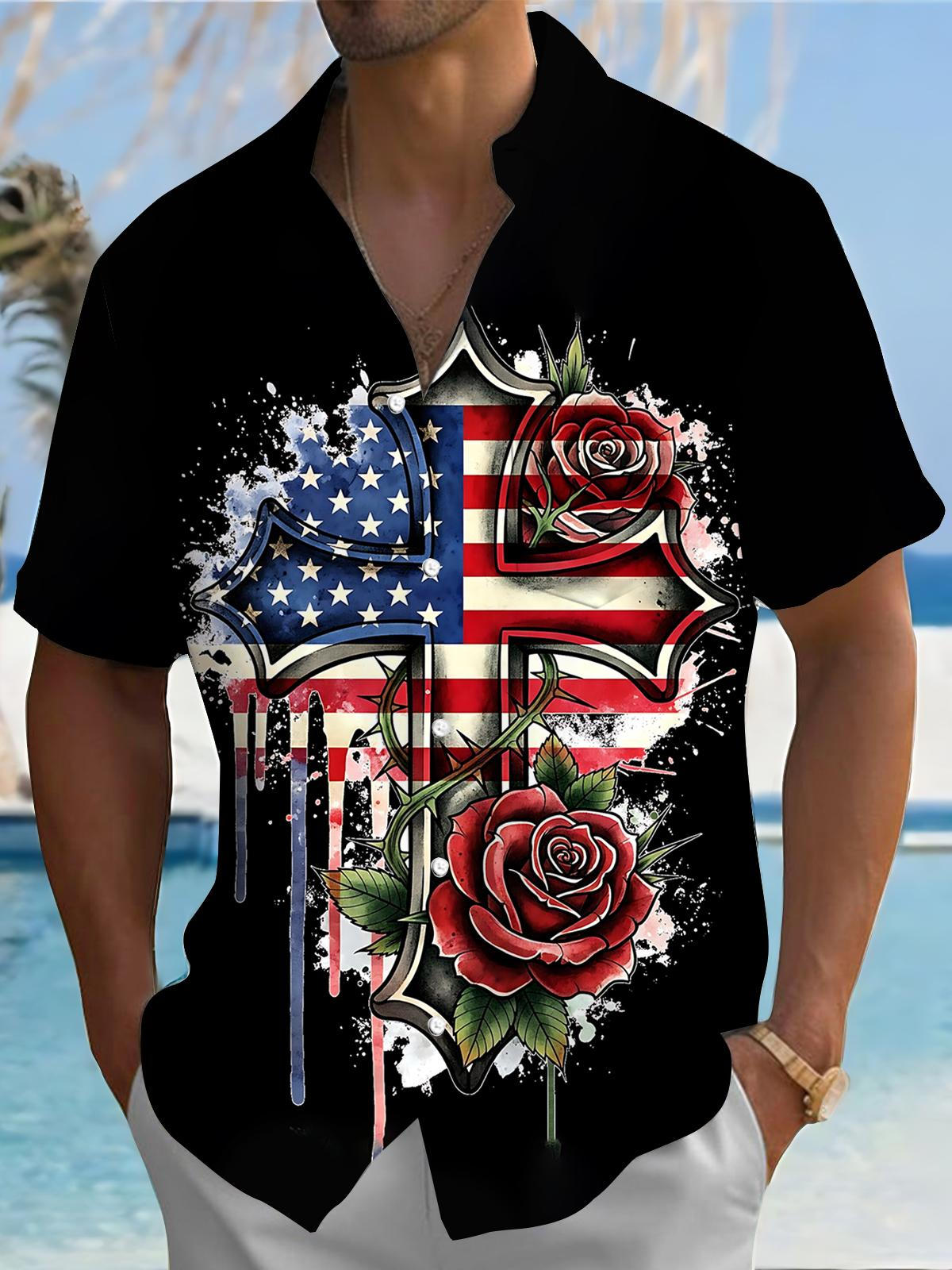 American Flag Cross Rose Flower Print Men's Pocket Short Sleeve Shirts
