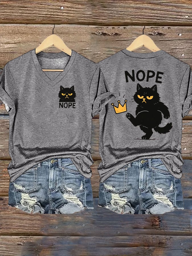 Women's Retro No Kings In America Cat Crown Nope Print Short Sleeve T-Shirt