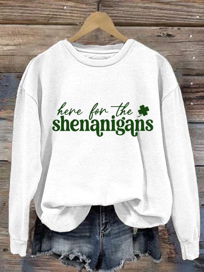 Women's Retro Irish St. Patrick's Day Here For The Shenanigans Print Crew Neck Long Sleeve Sweatshirt