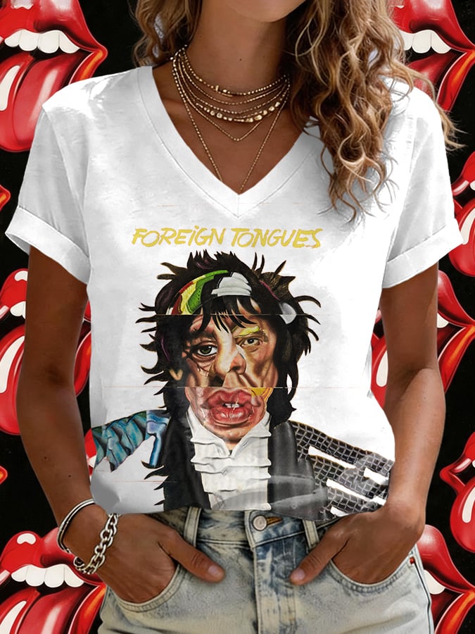 Women's V-Neck Retro Foreign Tongues Print T-shirt