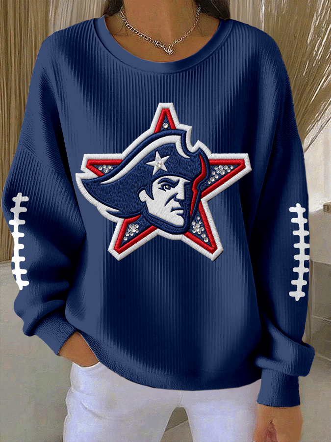 Women's Football Print Knit Crew Neck Long Sleeve Top