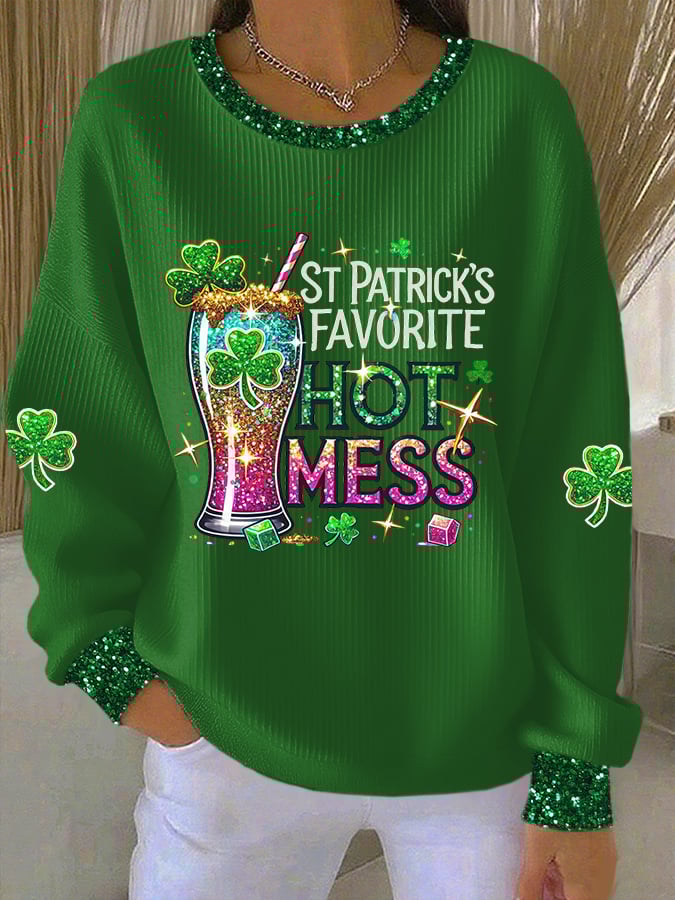 Women's St. Patrick's Favorite Hot Mess Print Casual Sweatshirt