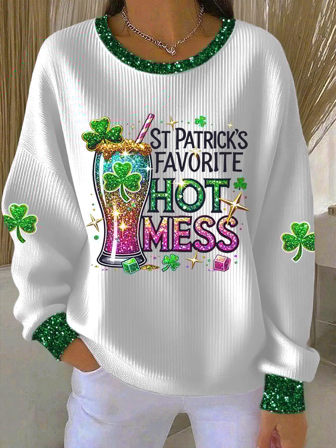 Women's St. Patrick's Favorite Hot Mess Print Casual Sweatshirt