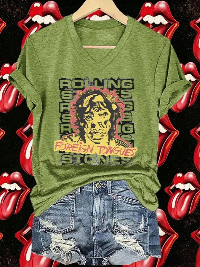 Women's V-Neck Retro Foreign Tongues Print T-shirt