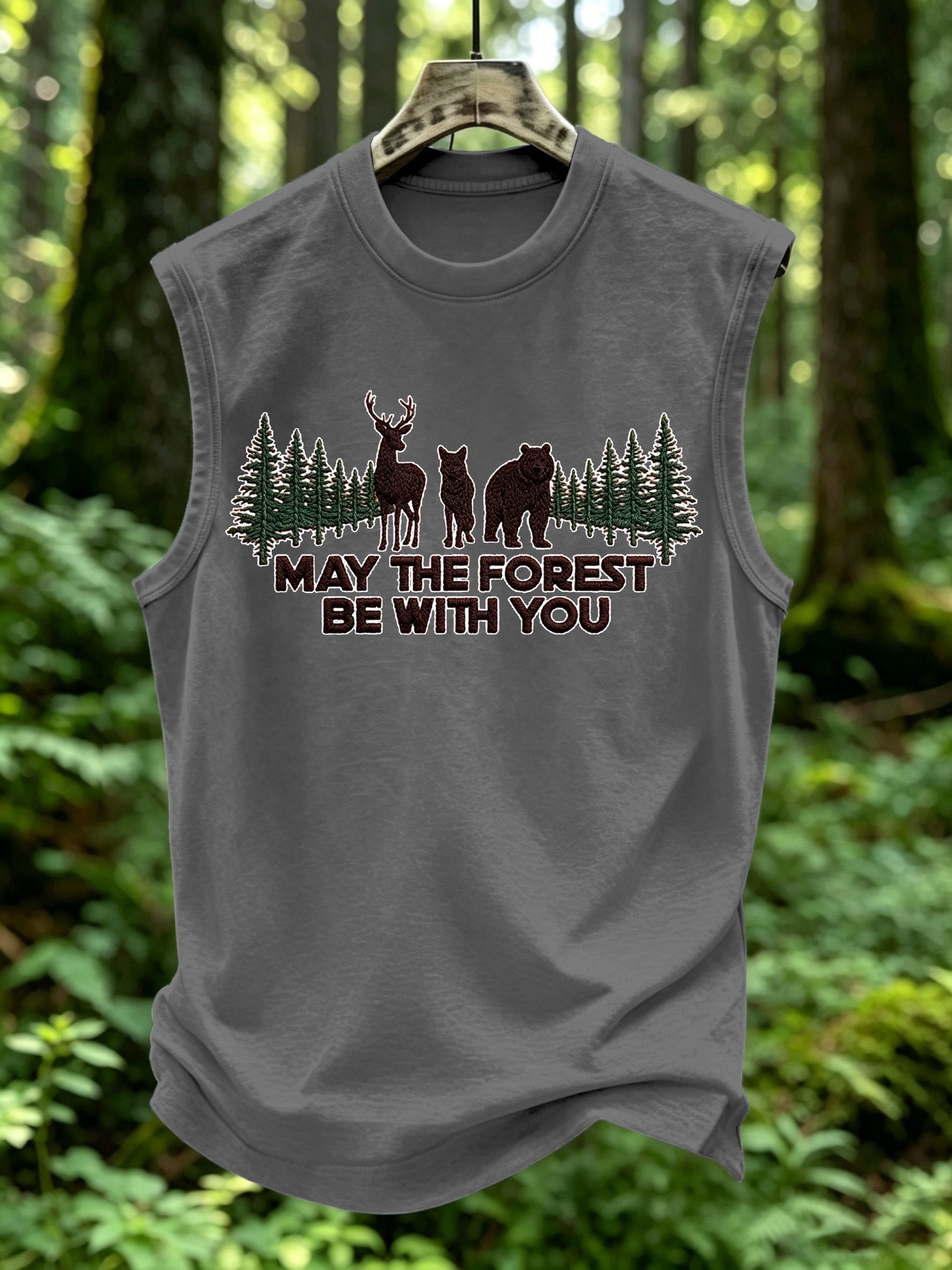 Men's Retro May The Forest Be With You Print Round Neck Vest