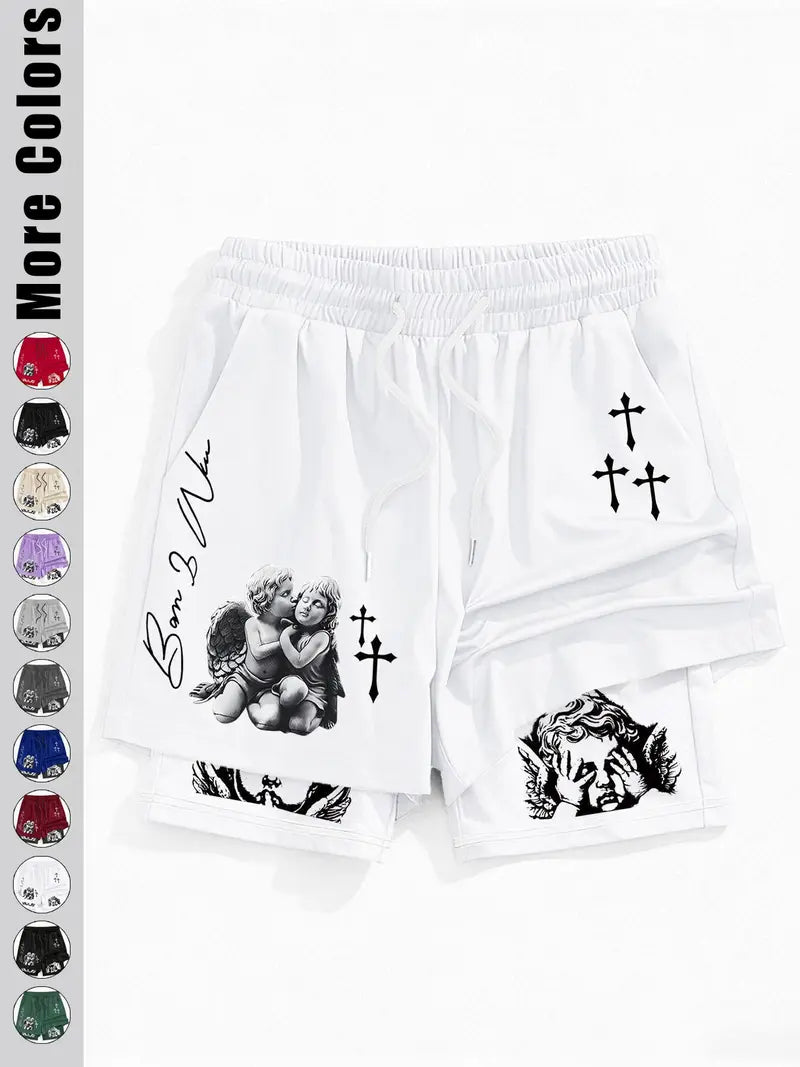 Unisex Angel Cross Print Double Layer Shorts