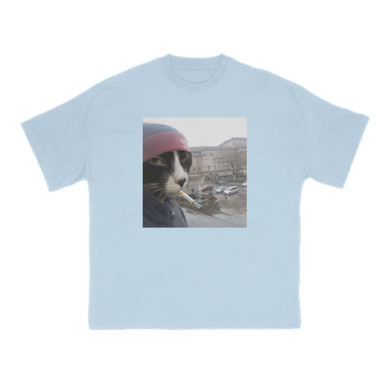 Unisex Smoking Street Style Cat Print T-shirt