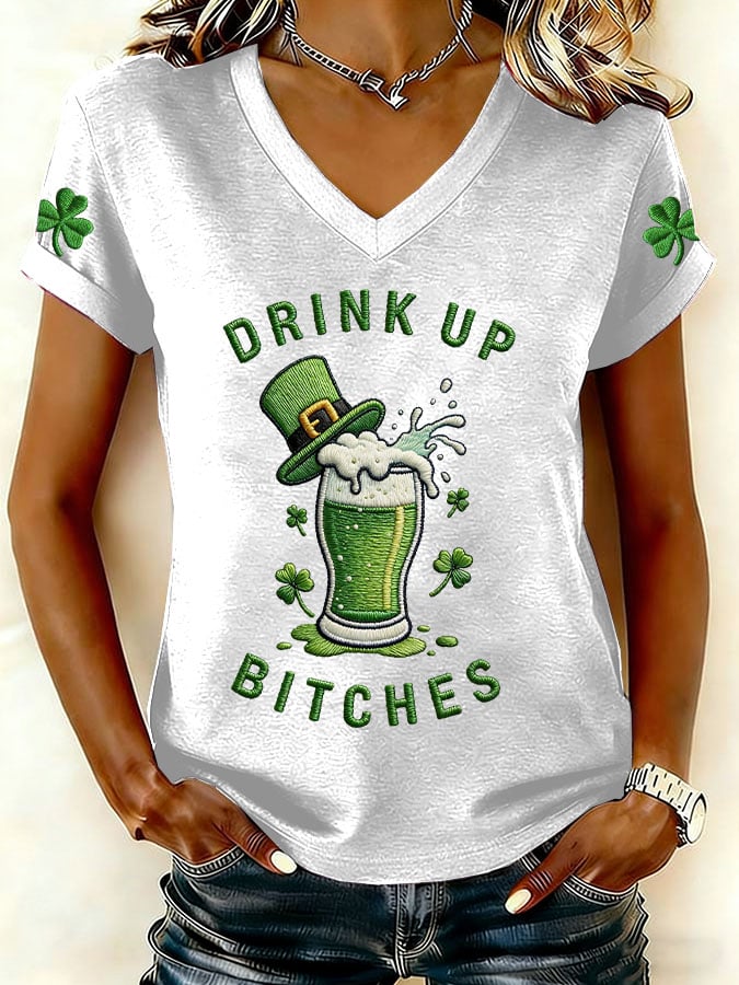 Women's Drink Up St Patrick's Day Print V Neck T-shirt