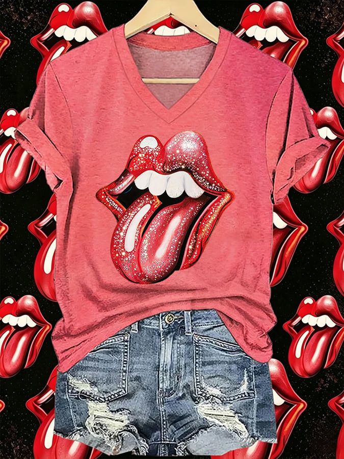 Women's V-Neck Retro Foreign Tongues Print T-shirt