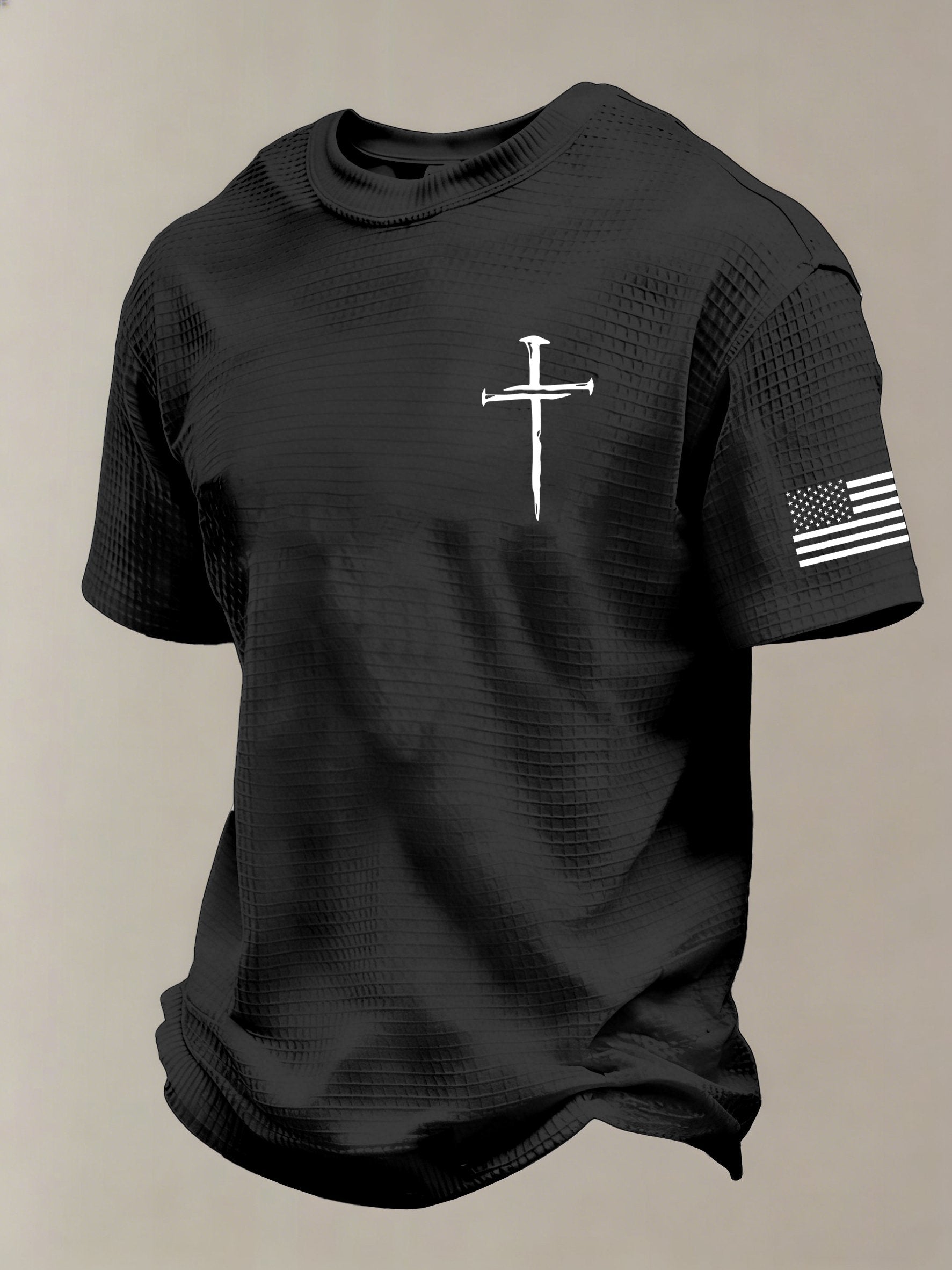 Men'S Vintage Faith Cross Flag Print Waffle-Knit Fabric T-Shirt