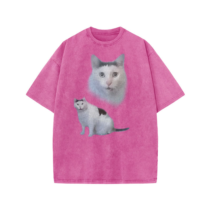 Unisex Confused Cat Print Acid Washed T-shirt