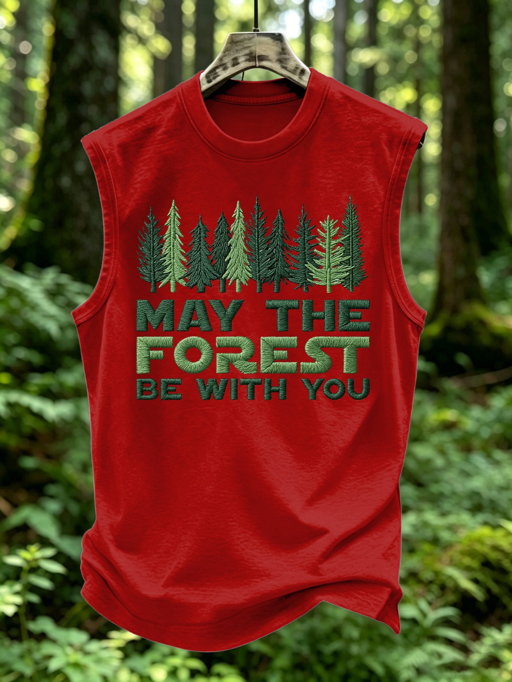 Men's Retro May The Forest Be With You Print Round Neck Vest