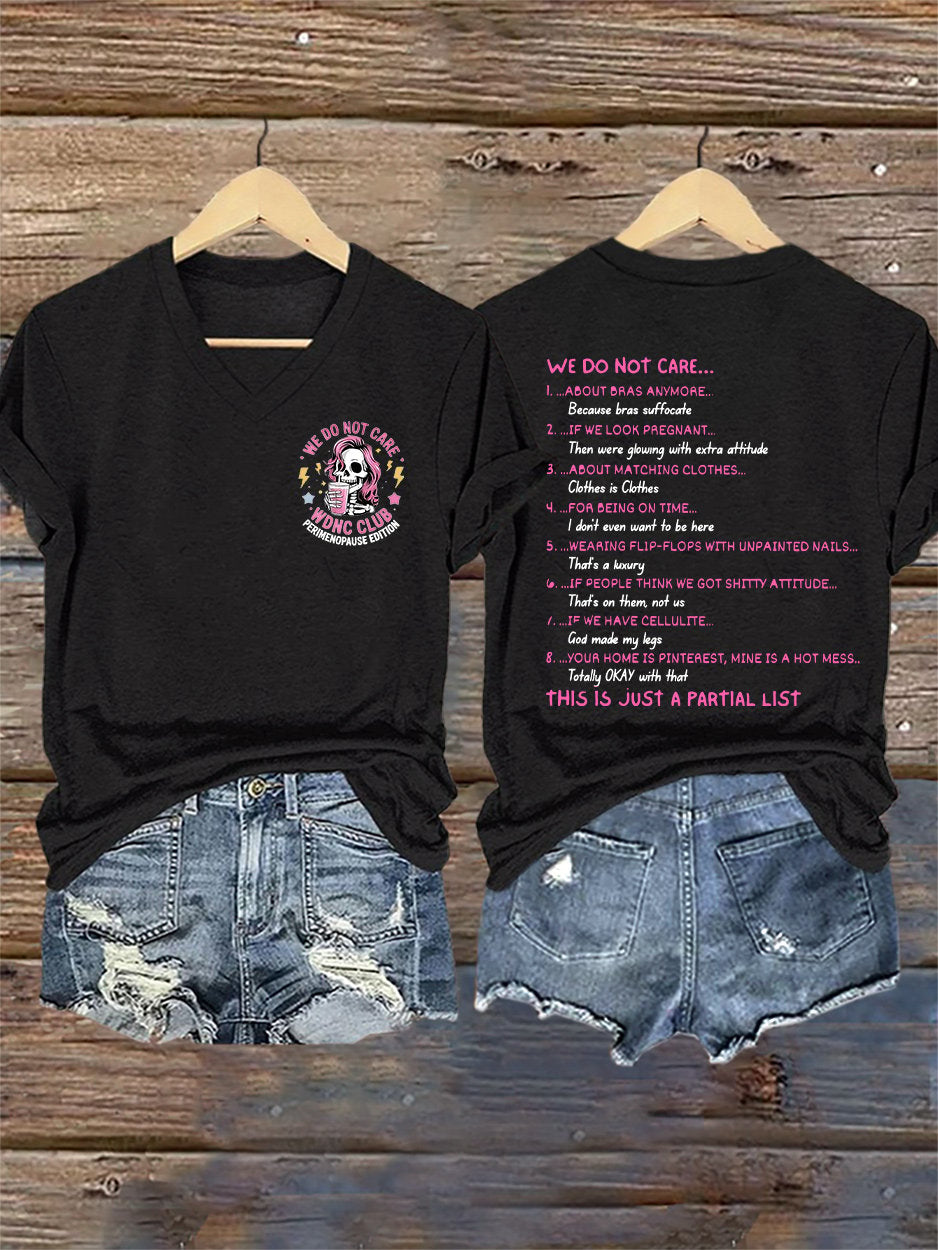 V-Neck Retro We Do Not Care WDNC Club Perimenopause Edition Print T-Shirt