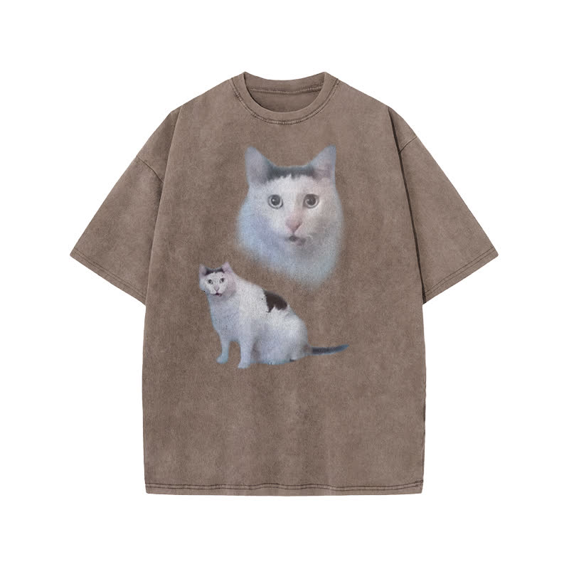Unisex Confused Cat Print Acid Washed T-shirt