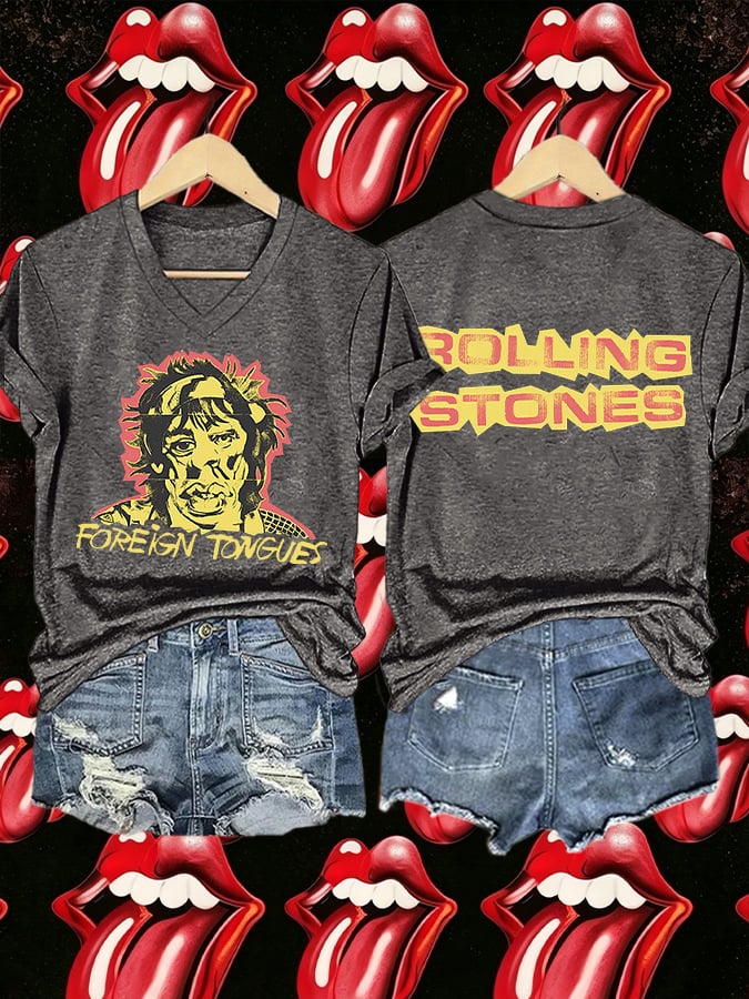 Women's V-Neck Retro Foreign Tongues Print T-shirt