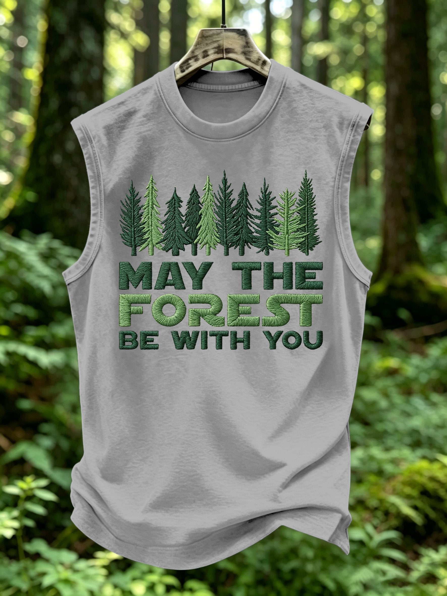 Men's Retro May The Forest Be With You Print Round Neck Vest