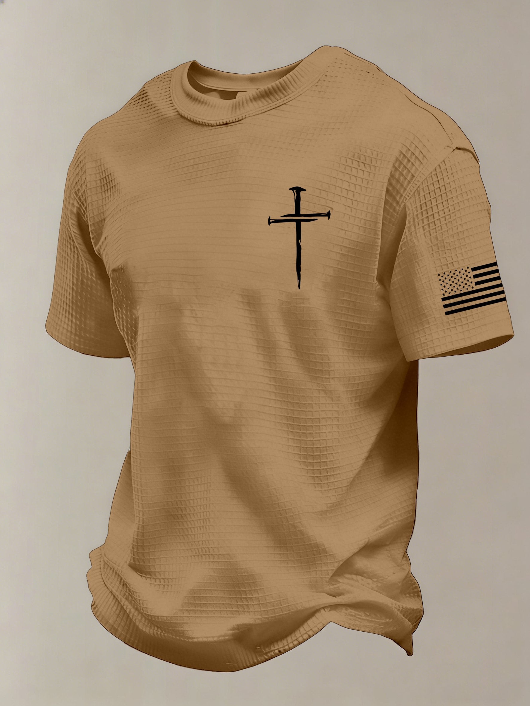 Men'S Vintage Faith Cross Flag Print Waffle-Knit Fabric T-Shirt