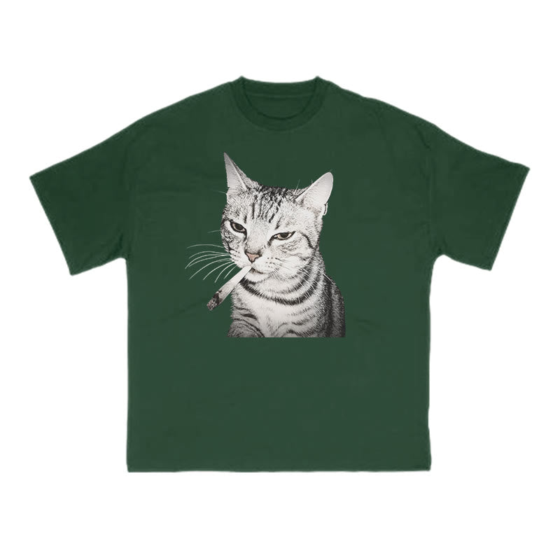 Tabby Cat With A Cigarette In Its Mouth Print T-shirt