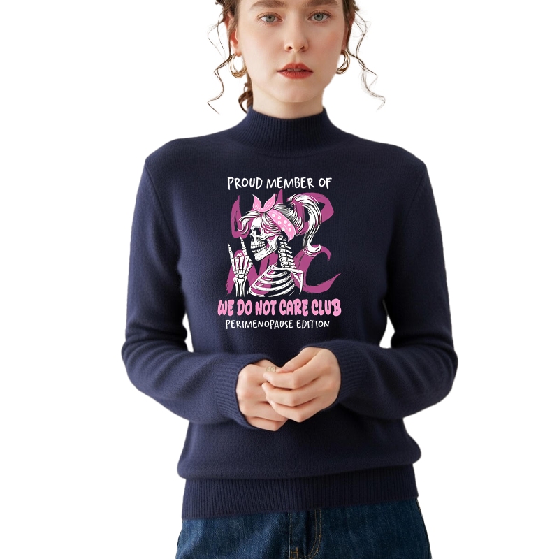 Retro and fun WDNC Club menopause/perimenopause themed printed mock neck sweater