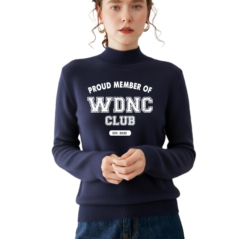 Retro and fun WDNC Club menopause/perimenopause themed printed mock neck sweater.