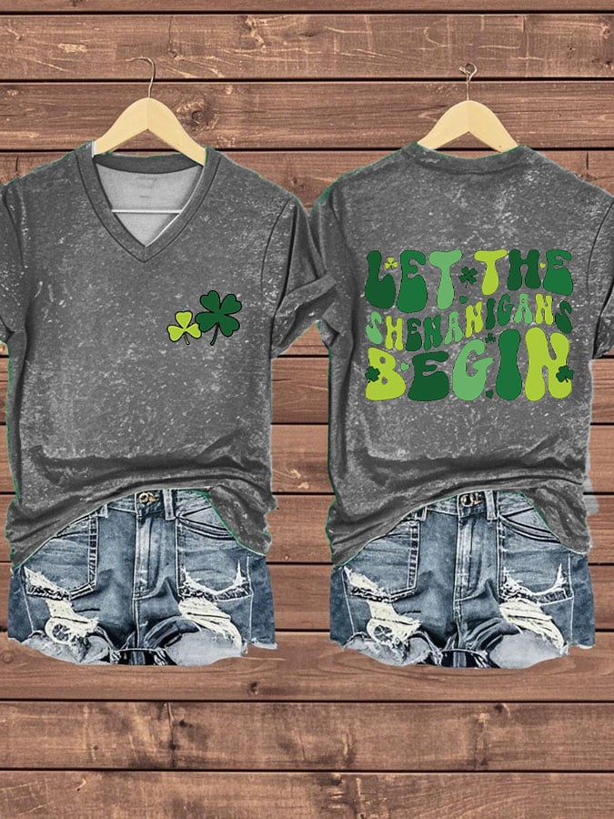 Women's Funny St. Patrick's Day Let The Shenaigans Begin Shamrocks Print Casual V-Neck Tee