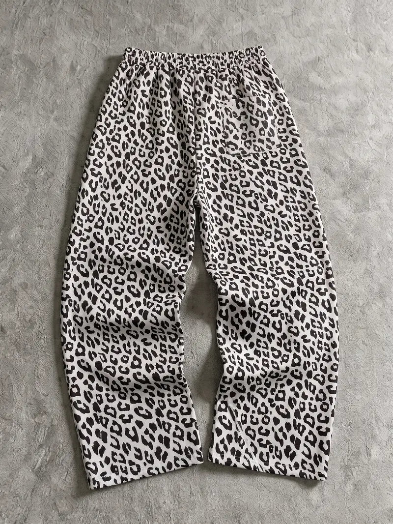 🐆 Unisex Retro Leopard Print Wide-Leg Pants – Loose Fit Drawstring Trousers with Elastic Waistband 🔥