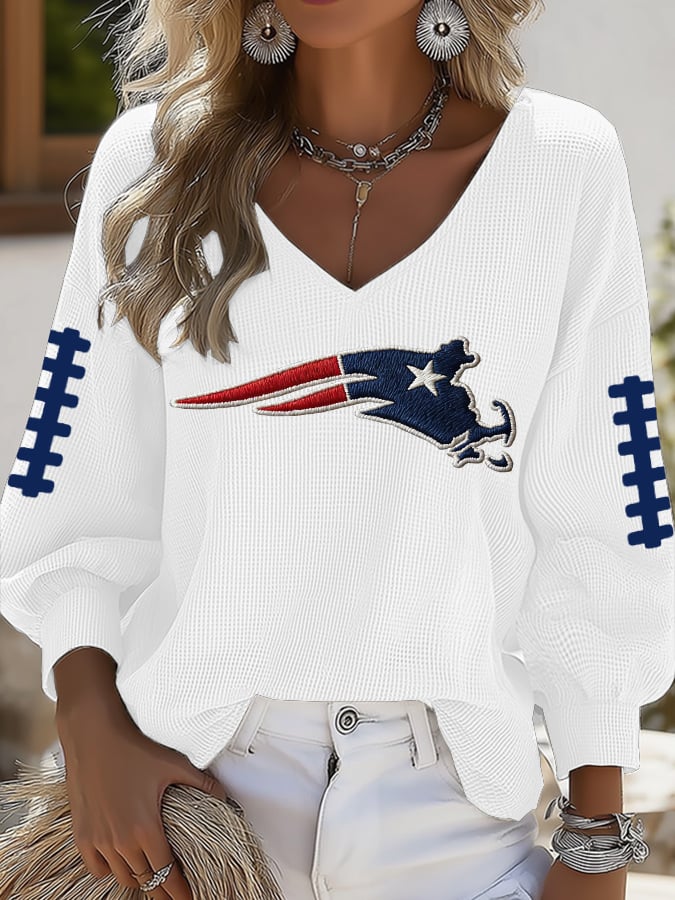 Women's Football Print V-neck Waffle Knit T-shirt